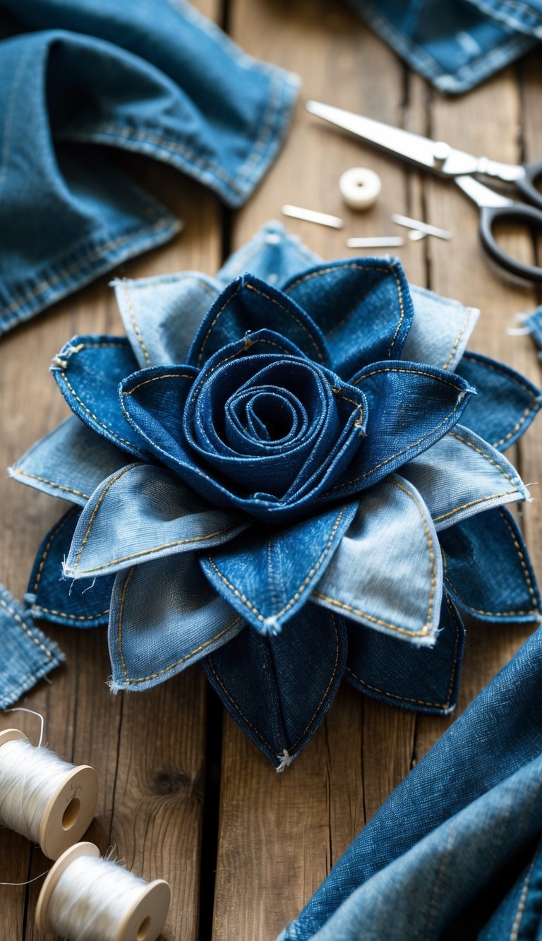 A denim corsage made from blue jean fabric on a wooden table surrounded by sewing tools and denim scraps.